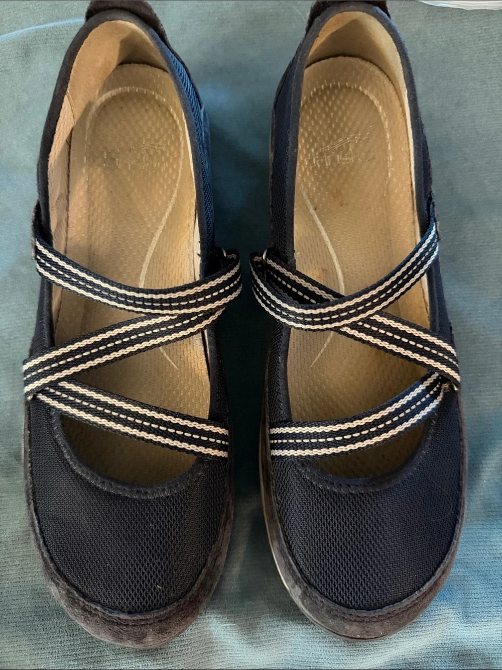 Dansko Navy Cross-Strap Casual Flats with Striped Elastic